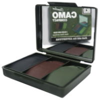 Camo compact open showing 3 camo cream colours and mirror